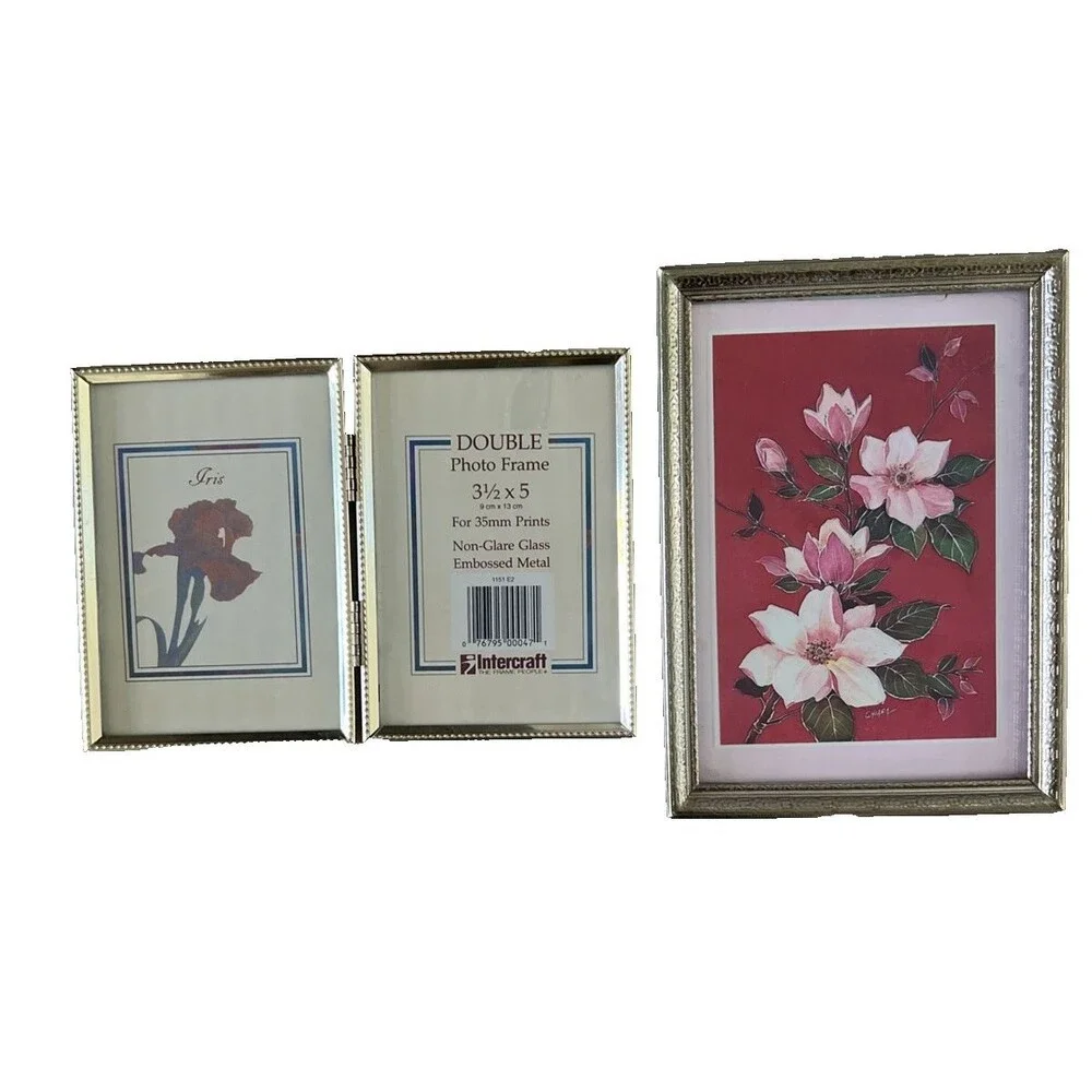 Vintage Gold Tone Brass Picture Frame Lot 5x7 Frame & Hinged Double 3.5x5 Framed
